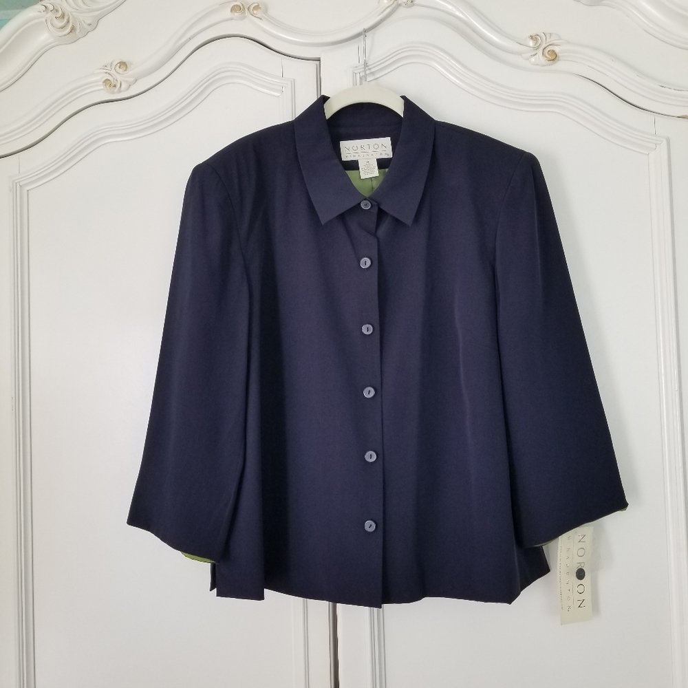 Vintage Norton McNaughton Blue 100% Silk 3/4 Sleeve Jacket 14 NWT